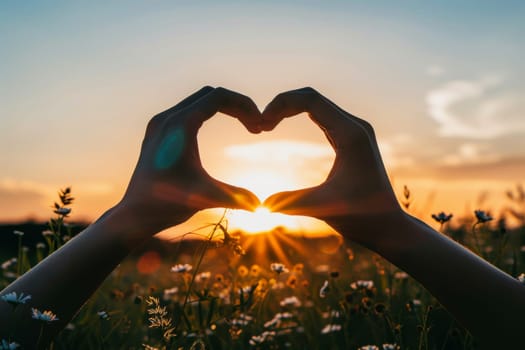 Hands forming a heart silhouette against the sunset