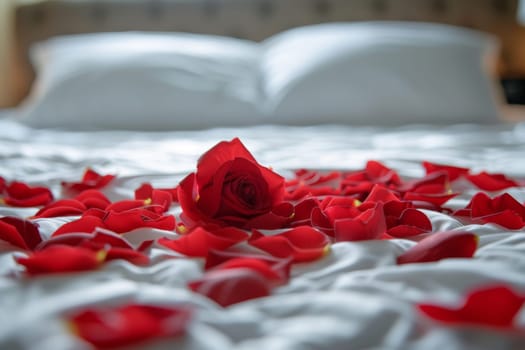 Heart-shaped rose petals scattered on a bed