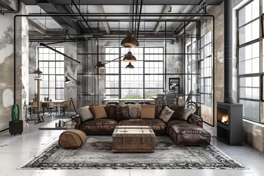 Industrial loft-style decoration on a transparent white background, adding urban sophistication