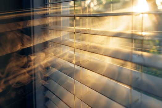 The sun is shining through the window blinds, creating a warm and inviting atmosphere. The light is casting a beautiful glow on the room, making it feel cozy and comfortable