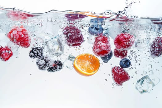 Ice cubes with frozen fruits floating in tranquil water against a transparent white backdrop, perfect for refreshing drink concepts