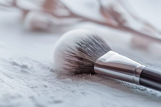 Highlighter powder brush on a soft transparent white surface, ideal for makeup tutorials