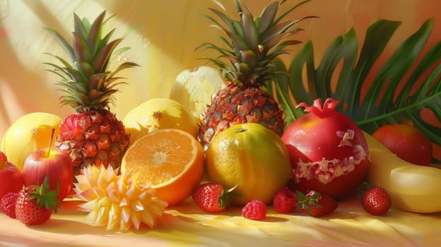 A colorful fruit display with a variety of fruits including apples, oranges, and strawberries. The arrangement of the fruits creates a vibrant and inviting atmosphere