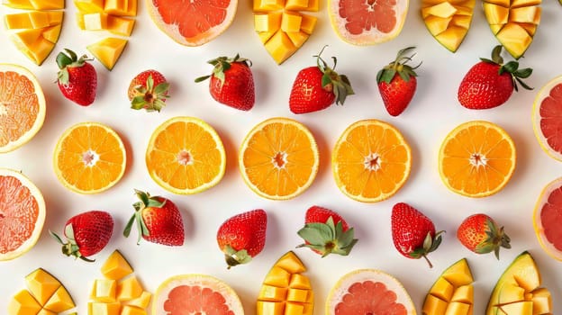 A colorful fruit salad with oranges, strawberries, and grapefruit. Concept of freshness and health, as well as a celebration of the natural beauty of fruits