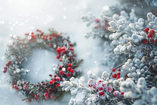Joyful Christmas wreath on a soft transparent white surface, evoking holiday joy