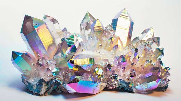 Lustrous crystal clusters shimmering with iridescence against a pure white backdrop