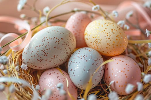 Pastel-colored Easter eggs arranged in a decorative basket with ribbon accents