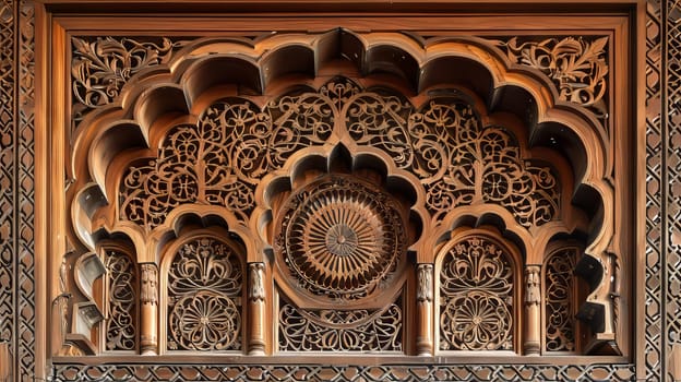 The wood carving is ornate and has a sun symbol in the center. The design is intricate and detailed, with many small elements that make up the overall pattern