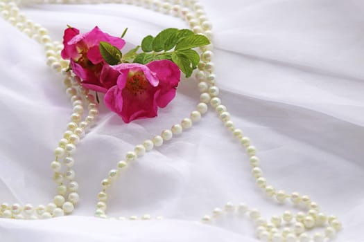Delicate close-up of a wedding dress with roses and pearls