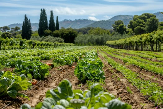 Organic farm with rows of vegetables and fruit trees, promoting pesticide-free agriculture