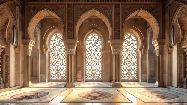 A large room with arched windows and a carpeted floor. The room is empty and the sunlight is shining through the windows