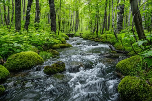 Pristine stream flowing through a moss-covered forest floor