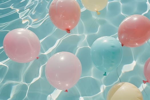 Pastel-colored balloons floating in a clear blue swimming pool, perfect for pool parties
