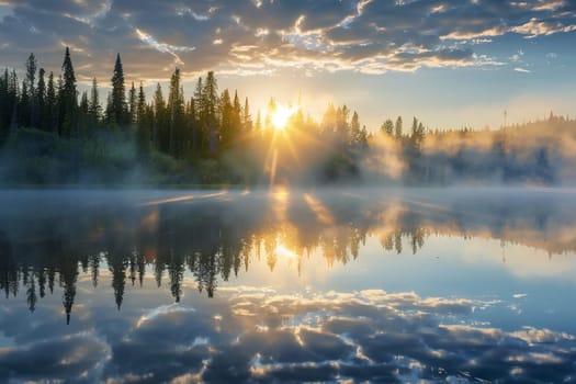 Misty morning fog rising above a tranquil lake at sunrise