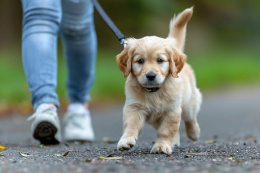 Puppy learning to walk politely on a leash without pulling
