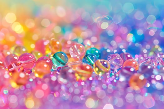 Rainbow-colored beads transparently scattered on a surface