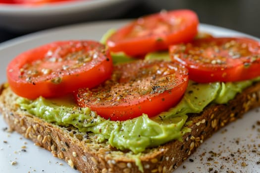 Plate of whole grain toast with avocado spread and sliced tomatoes, a healthy breakfast