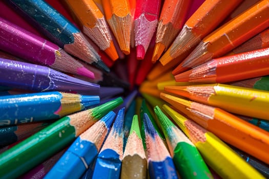 Rainbow-colored crayons arranged transparently in a circular pattern