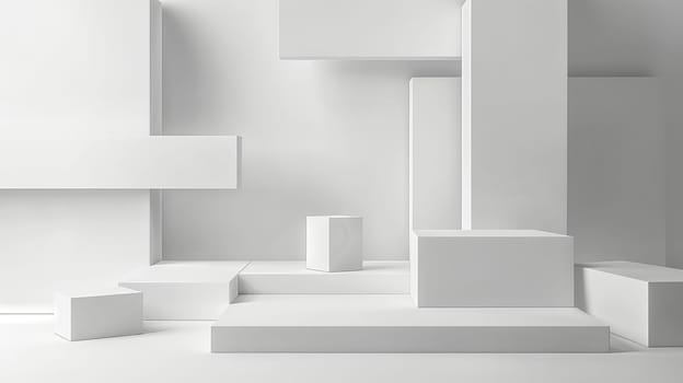 A white room with white boxes and white walls. The boxes are arranged in a way that creates a sense of depth and space. The room has a minimalist and modern feel