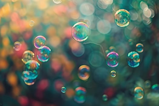 Rainbow-colored bubbles transparently floating in the air