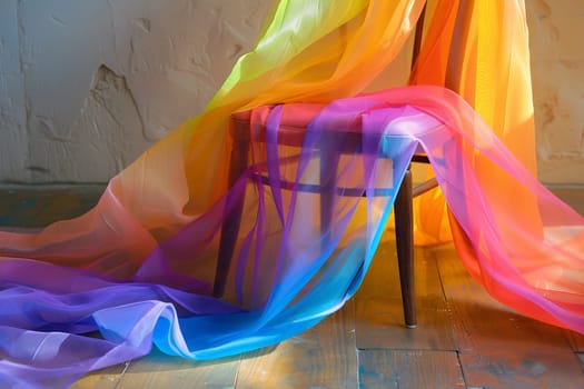 Rainbow-colored fabric transparently draped over a chair