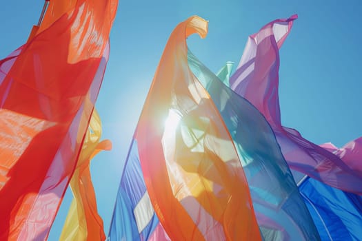 Rainbow-colored flags transparently waving in the wind