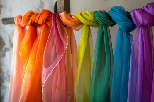 Rainbow-colored scarves transparently draped on a hook