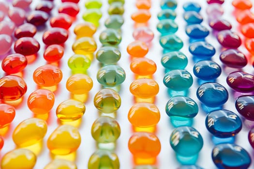 Rainbow-colored jellybeans arranged in a vibrant pattern on a transparent surface