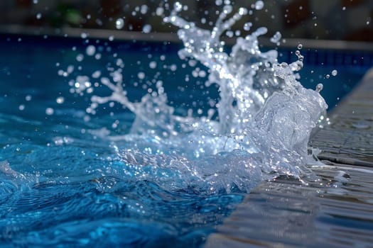 Refreshing splash of water from a diving board into a swimming pool