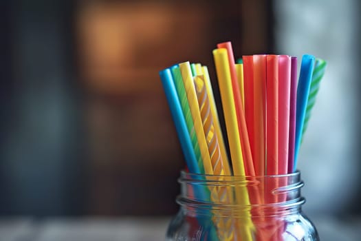 Rainbow-colored paper straws transparently arranged in a glass jar