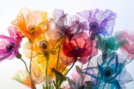Rainbow-colored flowers transparently arranged in a bouquet