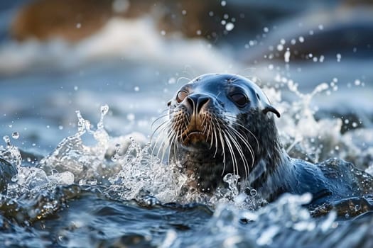 Refreshing splash of water from a playful seal in the open sea