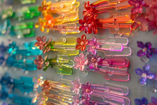 Rainbow-colored hair clips transparently displayed on a board