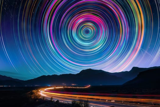 Rainbow-colored light trails transparently streaking across the night sky