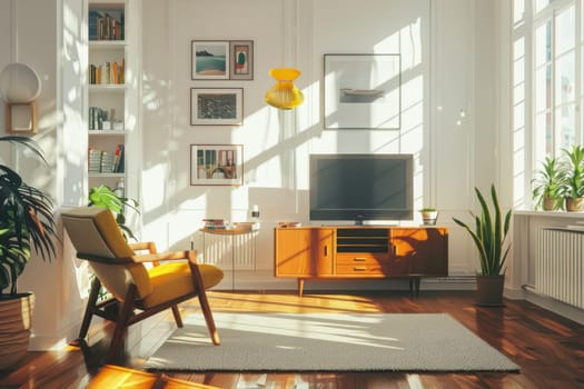 Retro mid-century modern decor against a soft transparent white surface, adding vintage flair