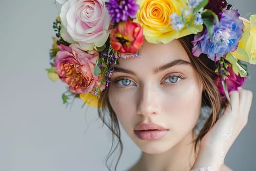 Rainbow-colored flower crown transparently worn by a model, adding charm