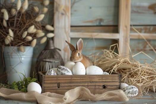 Rustic Easter background with farmhouse-style decorations and burlap accents