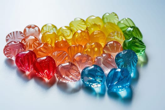 Rainbow-colored candies transparently arranged in the shape of a heart