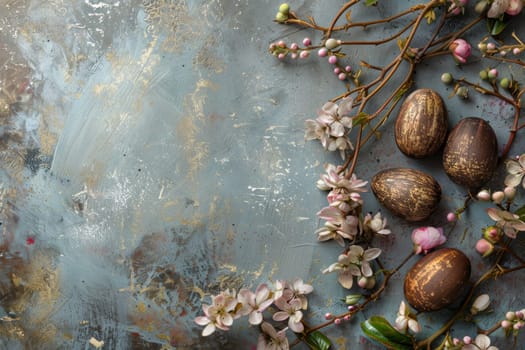Rustic Easter background with wooden eggs and floral decorations