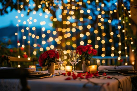 Romantic dinner setup with string lights and roses