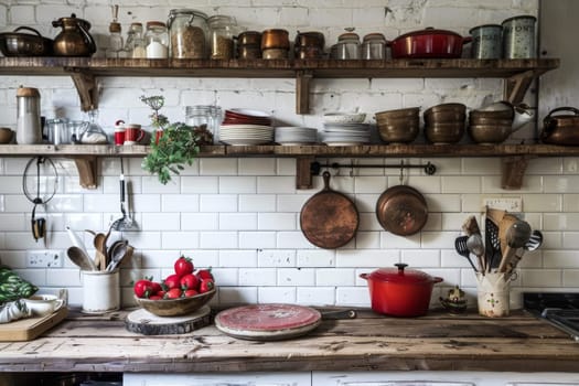 Rustic farmhouse kitchen decor against a soft transparent white backdrop, perfect for country living