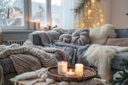 Scandinavian hygge-inspired living room with cozy blankets and candles