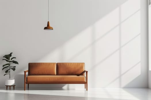 A tan couch sits in front of a window with sunlight streaming in. The room is empty and the couch is the only piece of furniture