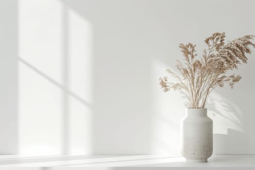 A white vase with dried flowers sits on a white table. The vase is the main focus of the image, and the flowers are arranged in a way that creates a sense of balance and harmony