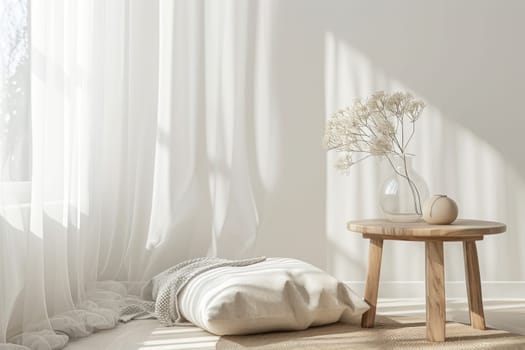 A white room with a wooden table and a vase of flowers on it. The room is very clean and simple, with a white color scheme