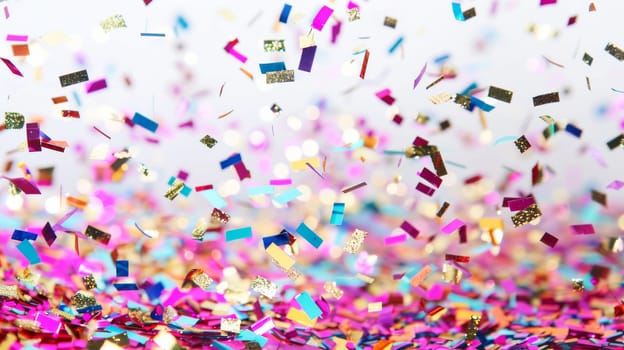 A colorful explosion of confetti is falling from the sky. The confetti is in various colors and sizes, creating a festive and celebratory atmosphere