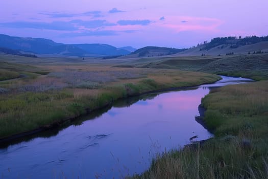 Serene river winding its way through a peaceful valley at twilight