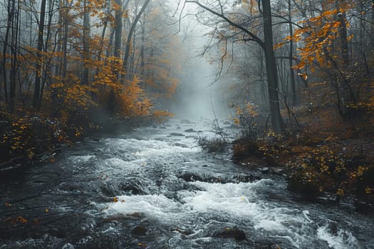 Serene river flowing through a misty forest on a foggy morning