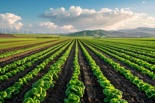 Sustainable agriculture field with rows of crops and wind turbines in the distance, promoting eco-friendly farming practices