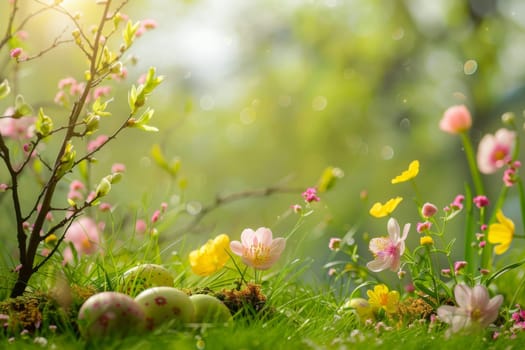 Springtime Easter scene with blooming flowers and budding trees